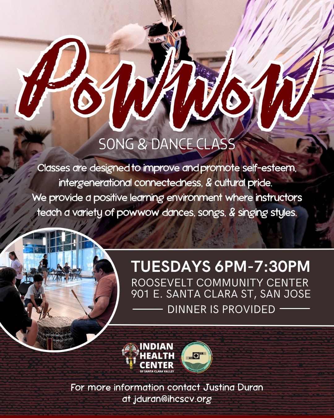 Our Counseling Prevention Services invites community members to join us every Tuesday evening for in-person Powwow Song and Dance classes from 6:00PM-7:30PM at Roosevelt Community Center. Please bring water and dress comfortably. All ages are welcome! Please RSVP with jduran@ihcscv.org.