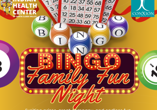 yellow flyer back round, bingo cards with lotto number balls, the title "BINGO Family Fun Night" in bright red letters. Event info and contact info displayed.