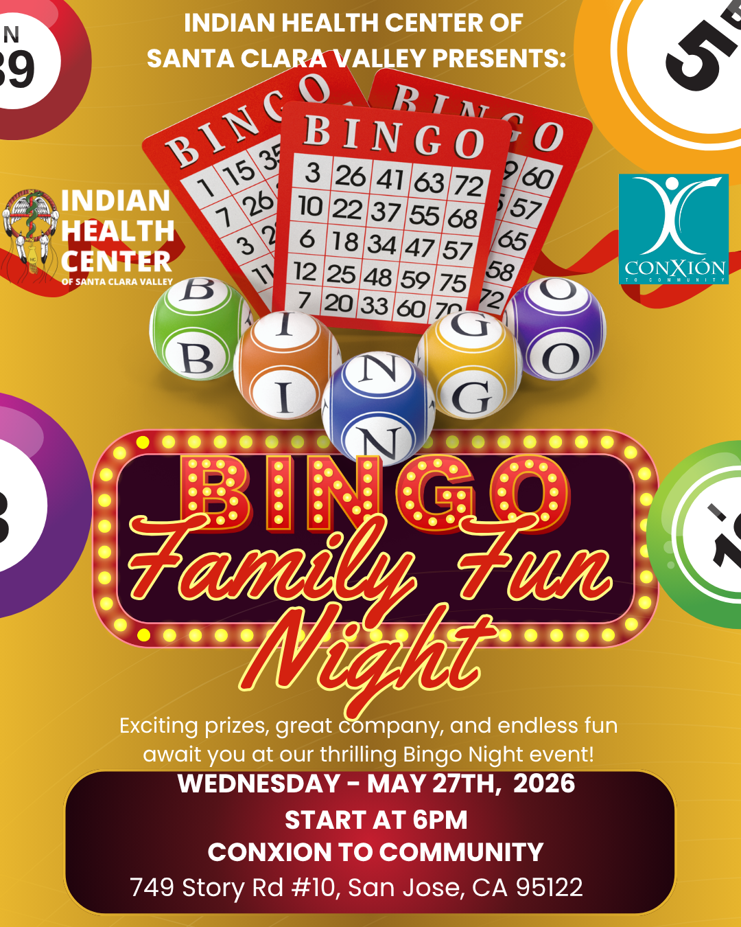 yellow flyer back round, bingo cards with lotto number balls, the title "BINGO Family Fun Night" in bright red letters. Event info and contact info displayed.