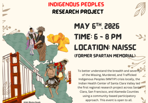 beige flyer, with native american art of the SF bay golden state bridge, imposed over the bridge are Native American dancers, a silhouette of the americas behind them, and poppy flowers to represent California natives. Alongside event info and contact info.